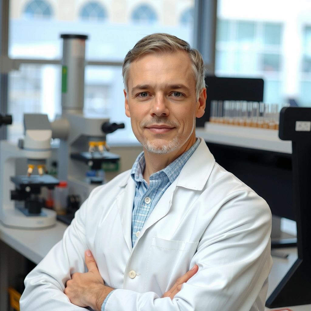 Portrait of a focused male scientist in a lab coat, with laboratory equipment in the background.