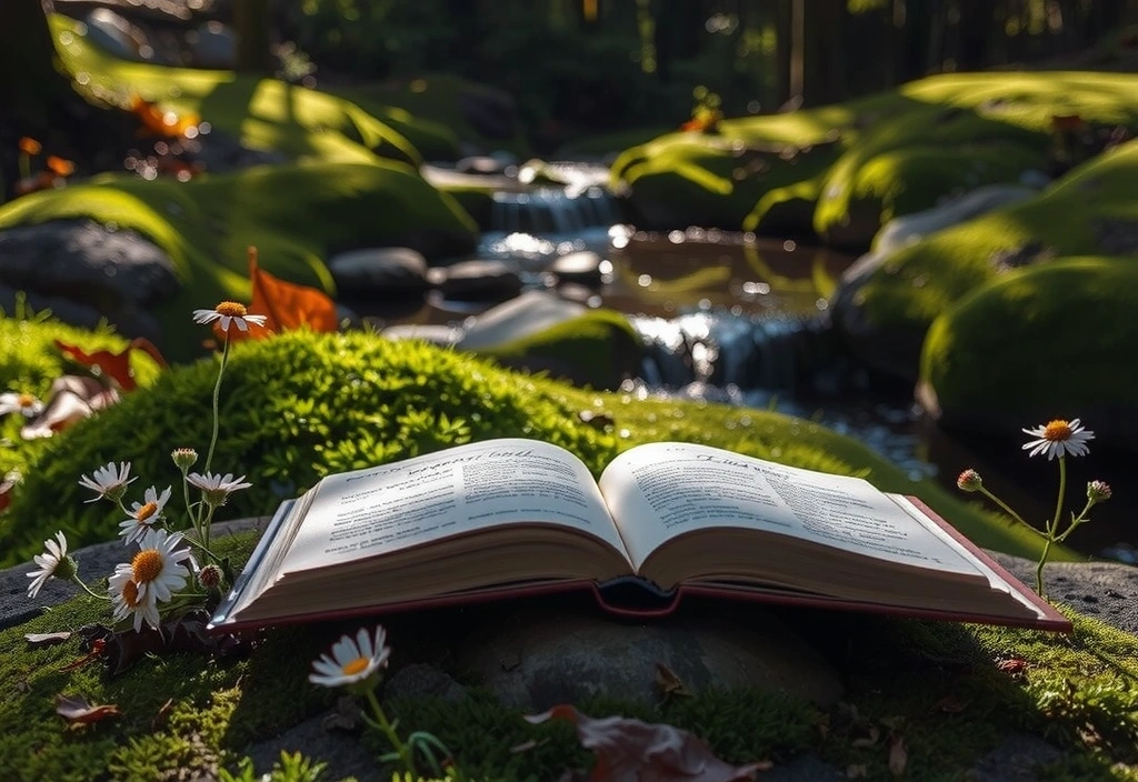 Open book in a serene natural setting, symbolizing knowledge and nature's wisdom.