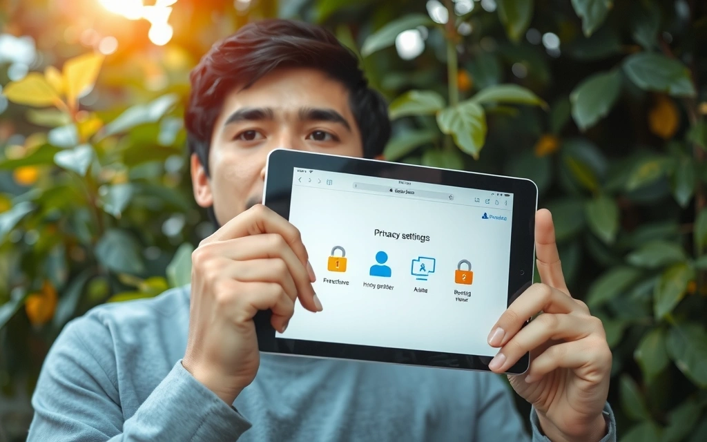 A person reviewing privacy settings on a tablet, with a blurred natural background