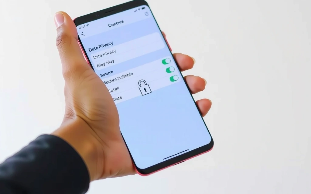 A person holding a smartphone displaying data privacy settings with a secure lock icon